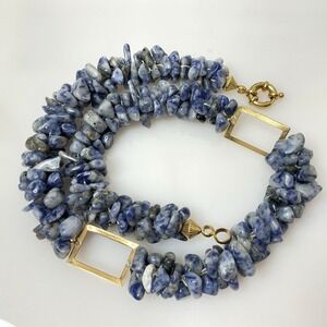 Vintage Sodalite Beaded Necklace Gold tone Twisted Chips Chunky Choker 16"